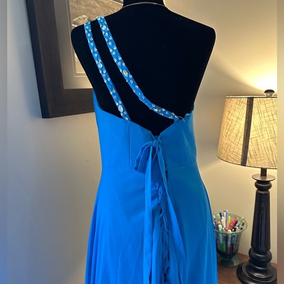 One Shoulder Corset Back Evening Gown/Formal Dress | Turquoise/Blue w/ Sequins - Picture 8 of 16